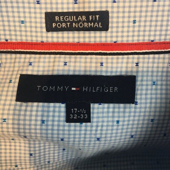 Mens Tommy Hilfiger Blue H-Print Preppy Dress Shirt 17.5 L Collared Button - Picture 3 of 9